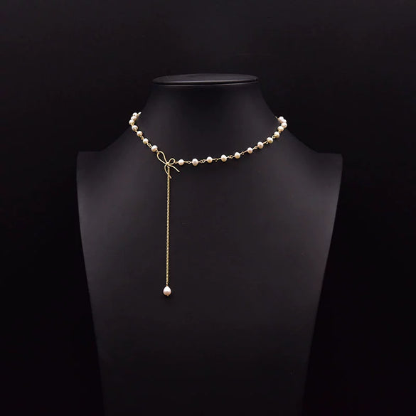 Wholesale Pearl Necklace With French Bow And Constellation Design Electroplated Elegant Clavicle Chain For Women Natural Niche Design Ins Style