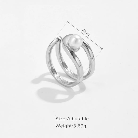 Wholesale Pearl Opening Adjustable Ring Copper Geometric Style Electroplated With Platinum And 18K Gold For Women