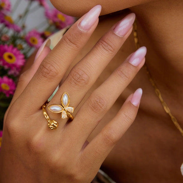 Wholesale Pearl Ring For Women Stainless Steel Geometric Shape Butterfly Design Electroplating Process
