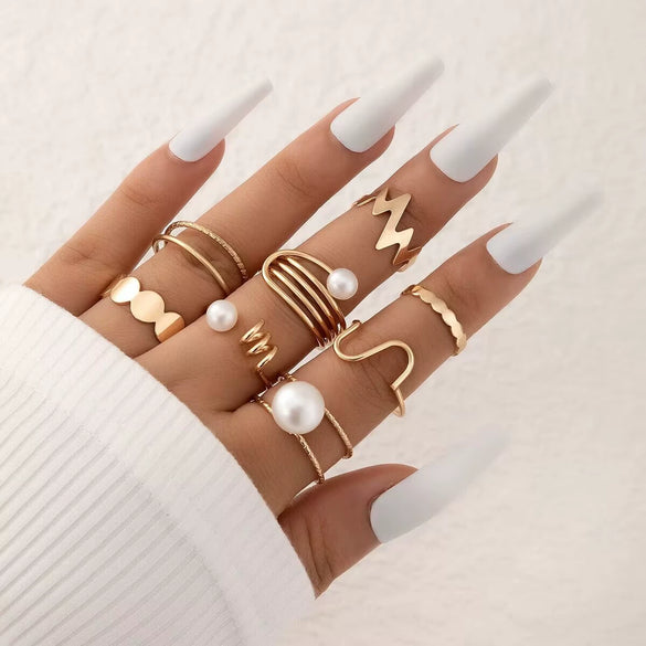 Wholesale Pearl Smooth Ring Set Geometric Irregular Disc Alloy Electroplated Eightpiece Ring