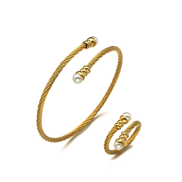 Wholesale Pearl Stainless Steel Titanium Steel Geometric Braided Doublelayer Elastic Wire Rope Bracelet For Women