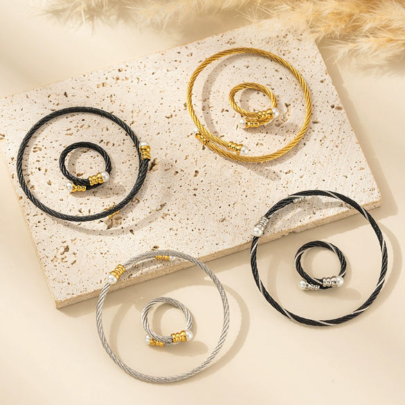 Wholesale Pearl Stainless Steel Titanium Steel Geometric Braided Doublelayer Elastic Wire Rope Bracelet For Women