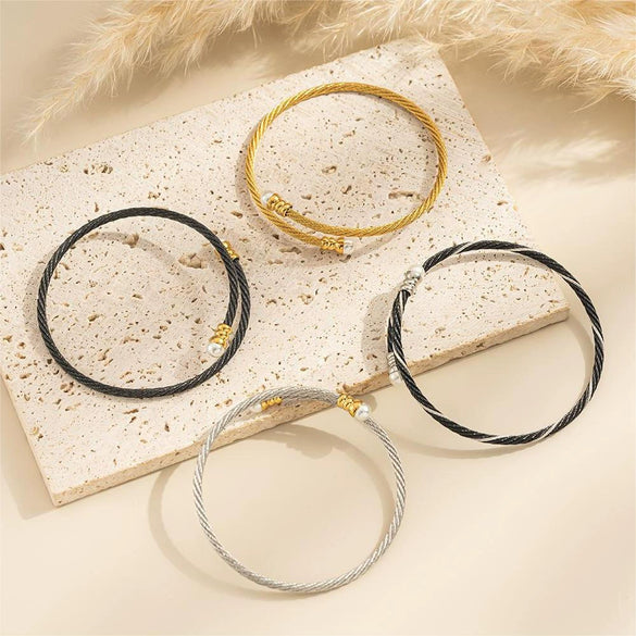 Wholesale Pearl Stainless Steel Titanium Steel Geometric Braided Doublelayer Elastic Wire Rope Bracelet For Women