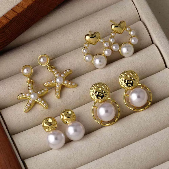 Wholesale Pearl Starfish Love Geometric Copper Gold Plated Earrings For Women