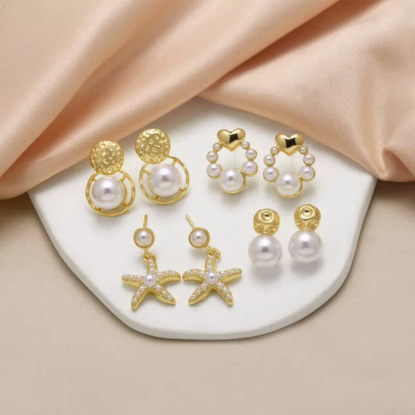 Wholesale Pearl Starfish Love Geometric Copper Gold Plated Earrings For Women