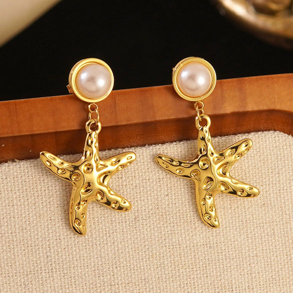 Wholesale Pearl Starfish Star Shaped Stainless Steel Stamped Earrings For Women