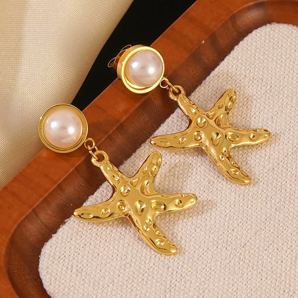 Wholesale Pearl Starfish Star Shaped Stainless Steel Stamped Earrings For Women