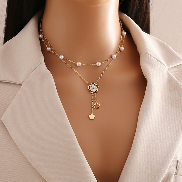 Wholesale Pearl Tassel Love Heart Shape Stainless Steel Double Layer O Chain Clavicle Necklace With Electroplating