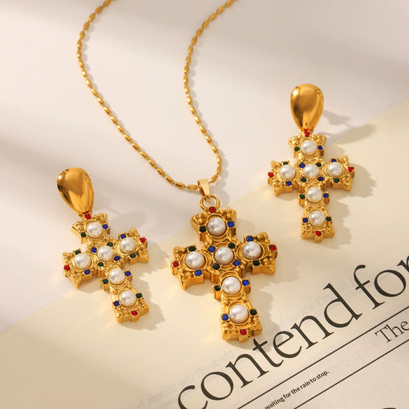 Wholesale Pearl Zircon Inlay Cross Earrings And 18K Gold Pvd Vacuum Plated Stainless Steel Necklace For Women