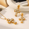 Wholesale Pearl Zircon Inlay Cross Earrings And 18K Gold Pvd Vacuum Plated Stainless Steel Necklace For Women
