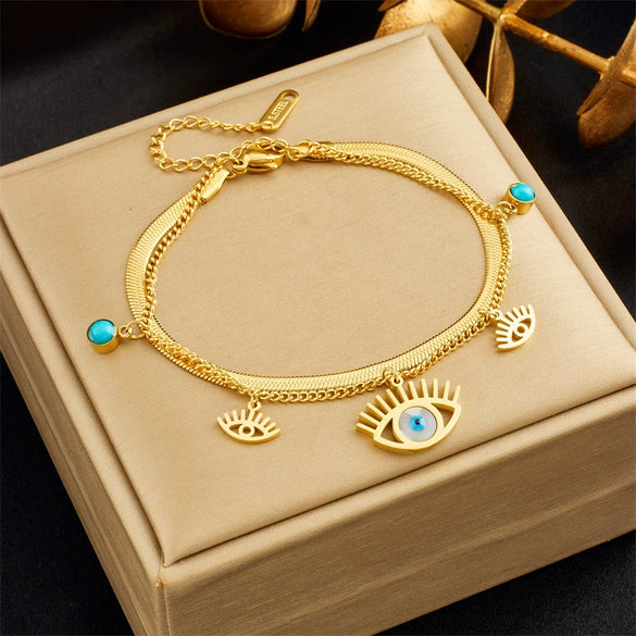 Wholesale Pendant Bracelet Titanium Steel Retro Fashion Doublelayered Diamondencrusted Round Blueeyed Star Lightning Design Electroplated