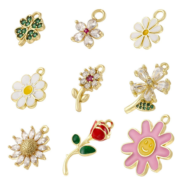 Wholesale Pendant Copper Sweet Flower Style Dripping Oil Process With Sunflower Four Leaf Clover Rose Smiley Daisy Patterns