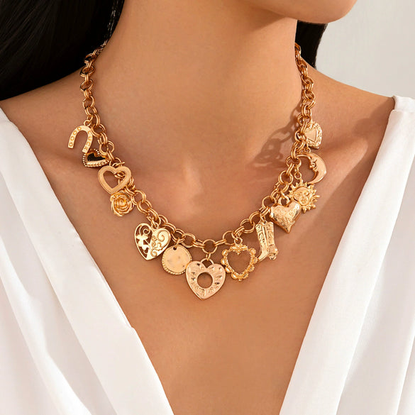 Wholesale Pendant Necklace Alloy Iron Chain Rhinestone Geometric Heart Shape Electroplating For Women
