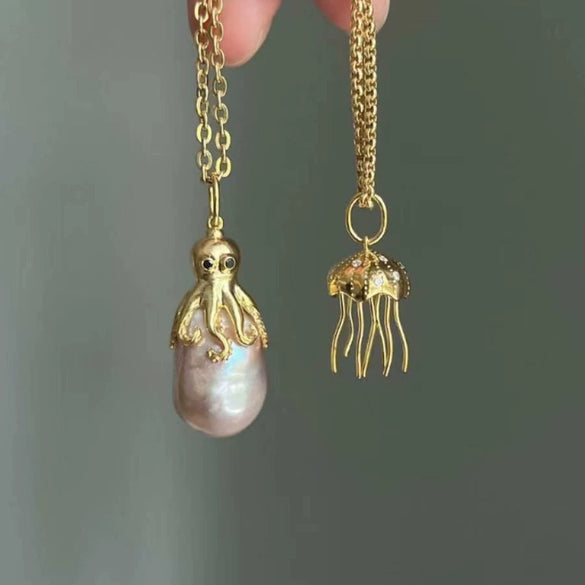 Wholesale Pendant Necklace Animal Zodiac Style Copper Inlaid Zircon Natural Pearl Baroque Octopus Jellyfish