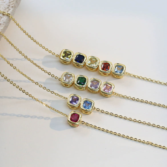 Wholesale Pendant Necklace Colorful Geometric Square Birthstone Zircon Copper Brass Electroplating For Women
