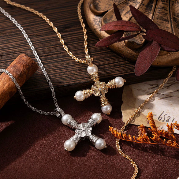 Wholesale Pendant Necklace Copper Geometric Pearl Cross Light Luxury Style Vacuum Plating 18K Gold Color