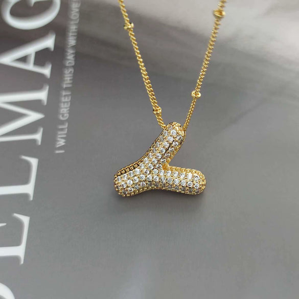 Wholesale Pendant Necklace Copper Gold Plated Zircon Chubby Balloon Bubble Letter Shape Fashion Simple