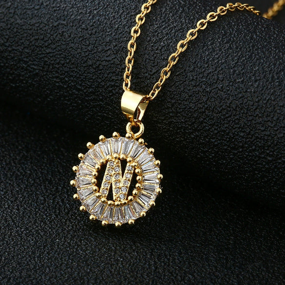 Wholesale Pendant Necklace Copper Inlaid Zircon Small Round With Letters Numbers Text Electroplated