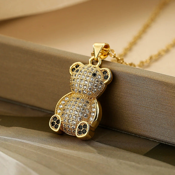 Wholesale Pendant Necklace Copper Plated Real Gold Zircon Bear Geometric Style For Female