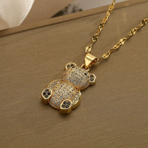 Wholesale Pendant Necklace Copper Plated Real Gold Zircon Bear Geometric Style For Female