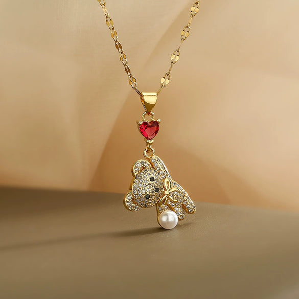 Wholesale Pendant Necklace Copper Plated Real Gold Zircon Bear Geometric Style For Female