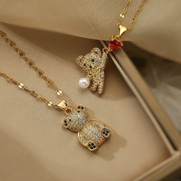Wholesale Pendant Necklace Copper Plated Real Gold Zircon Bear Geometric Style For Female