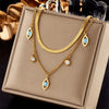 Wholesale Pendant Necklace Fashion Simple Double Layer Stacked Love Themed Titanium Steel With Diamond Embedded Square And Round Pearl Electroplated For Women