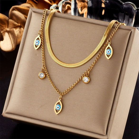 Wholesale Pendant Necklace Fashion Simple Double Layer Stacked Love Themed Titanium Steel With Diamond Embedded Square And Round Pearl Electroplated For Women