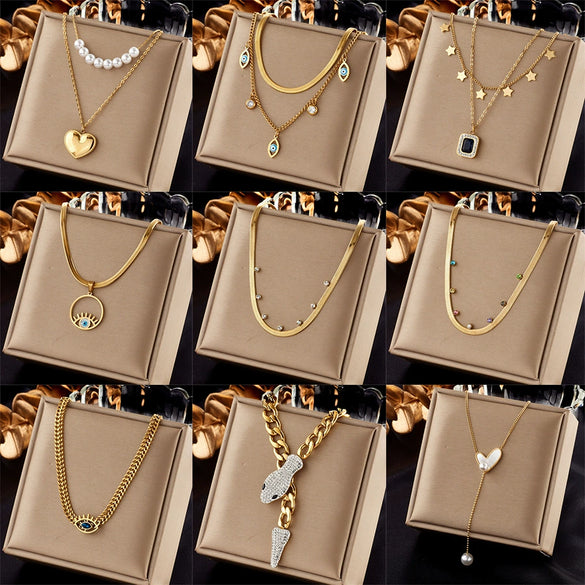 Wholesale Pendant Necklace Fashion Simple Double Layer Stacked Love Themed Titanium Steel With Diamond Embedded Square And Round Pearl Electroplated For Women