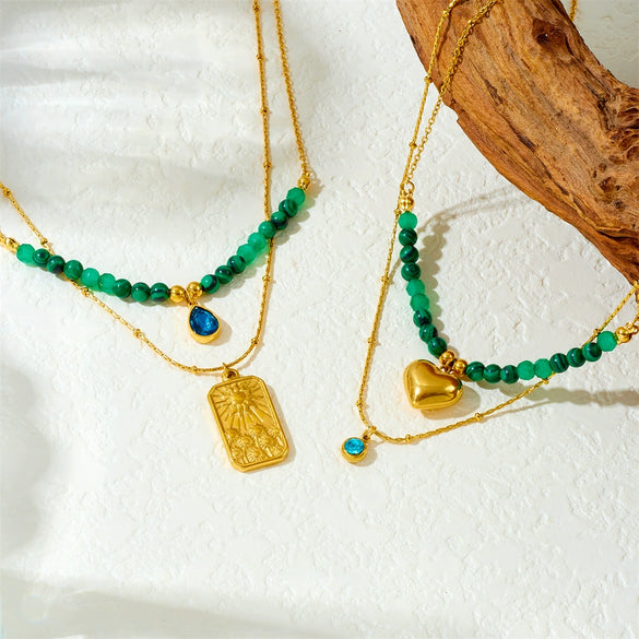 Wholesale Pendant Necklace Malachite Beaded Stainless Steel Geometric Square Double Layer Stacked Electroplated For Women