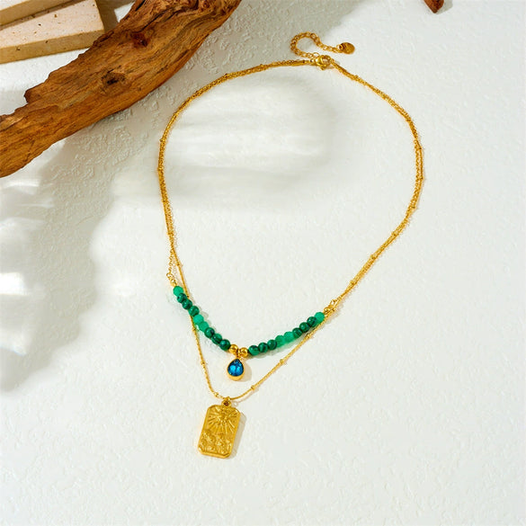 Wholesale Pendant Necklace Malachite Beaded Stainless Steel Geometric Square Double Layer Stacked Electroplated For Women