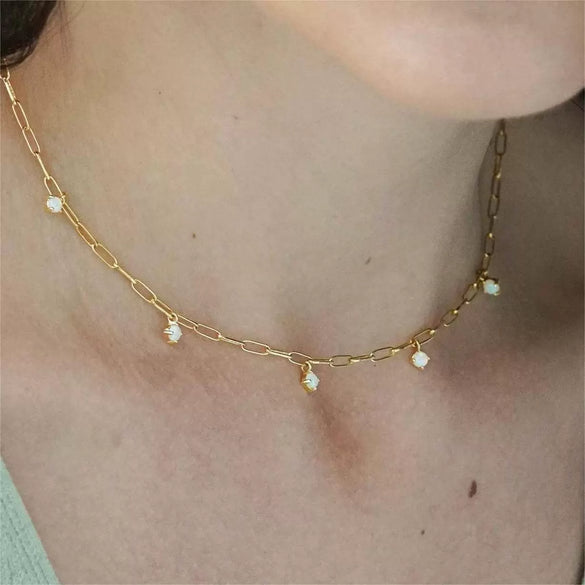 Wholesale Pendant Necklace Natural Opal Zircon Stainless Steel Ochain Geometric Retro Electroplated