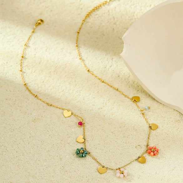 Wholesale Pendant Necklace Stainless Steel Colorful Crystal Zircon Flower Love Electroplating Style
