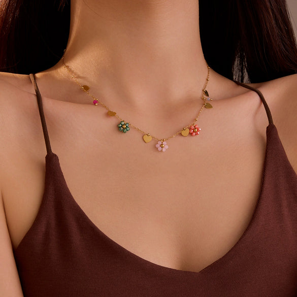 Wholesale Pendant Necklace Stainless Steel Colorful Crystal Zircon Flower Love Electroplating Style