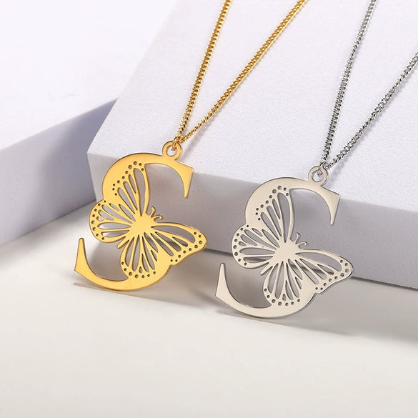 Wholesale Pendant Necklace Stainless Steel Copper Gold Plated Butterfly Letter Design