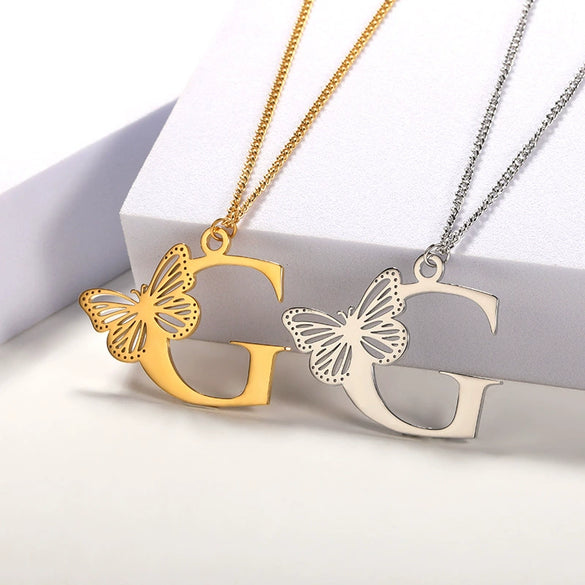 Wholesale Pendant Necklace Stainless Steel Copper Gold Plated Butterfly Letter Design