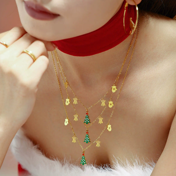 Wholesale Pendant Necklace 316L Stainless Steel Dripping Oil Zircon Geometric Christmas Element Electroplated For Women