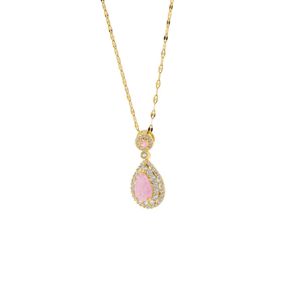 Wholesale Pendant Necklace Stainless Steel Dropshaped Microinlaid Pink Zircon Electroplating Geometric Style Ochain