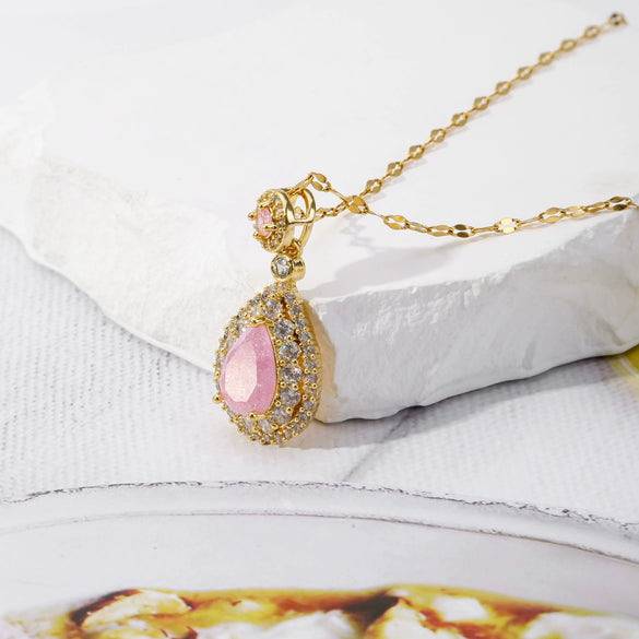Wholesale Pendant Necklace Stainless Steel Dropshaped Microinlaid Pink Zircon Electroplating Geometric Style Ochain