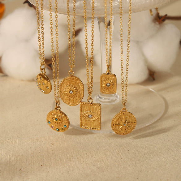 Wholesale Pendant Necklace Stainless Steel French Retro Stylish Geometric Lava Texture Inlaid Zircon 18K Gold Electroplated