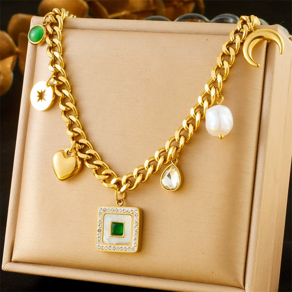 Wholesale Pendant Necklace Stainless Steel Gold Plated White Shell Square Drop Shape Moon Love Pearl For Women