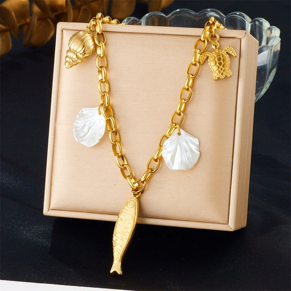 Wholesale Pendant Necklace Stainless Steel Goldplated With Marine Animal Zodiac Elements