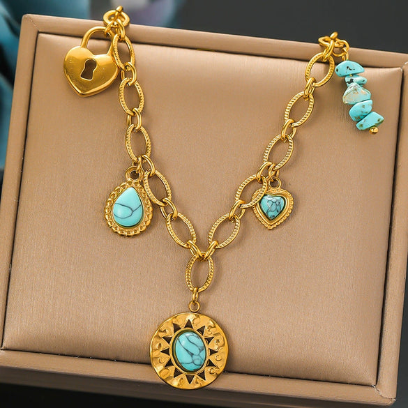 Wholesale Pendant Necklace Stainless Steel Irregular Round Love Lock Water Drops Electroplating Heart Shape