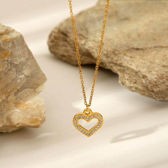 Wholesale Pendant Necklace Stainless Steel Titanium Steel Hollow Love Inlaid Zircon Geometric Electroplating Women's Light Luxury Allmatch