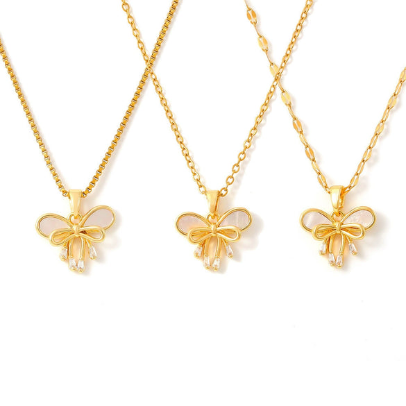 Wholesale Pendant Necklace Water Shell Copper 316L Stainless Steel Plated 18K Gold Double Bow Geometric Fairy Style