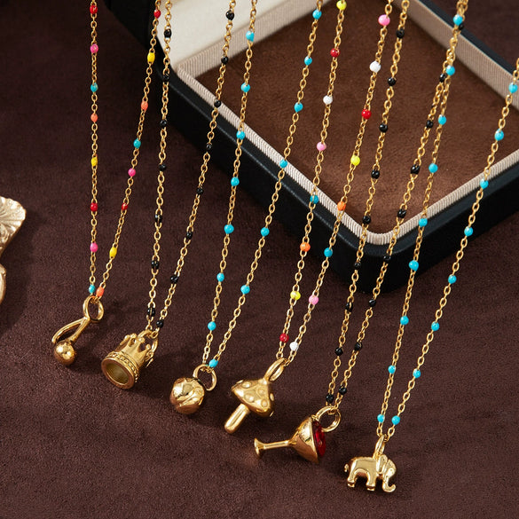 Wholesale Pendant Stainless Steel Elephant Mushroom Bead Chain Geometric Style Vacuum Plated 18K Gold Color