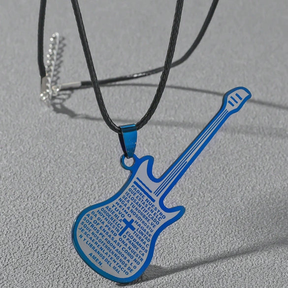 Wholesale Personality Fashion Stainless Steel And Titanium Steel Guitar Music Pendant Necklace With Geometric Pattern And Polishing Treatment Pearl Chain Style Hip Hop Jewelry