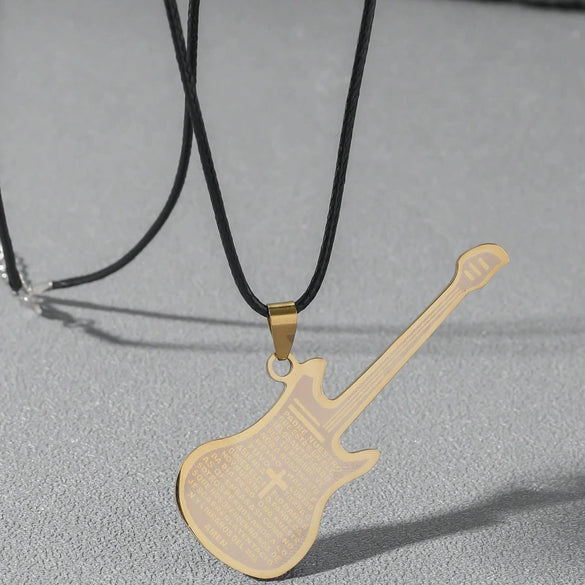 Wholesale Personality Fashion Stainless Steel And Titanium Steel Guitar Music Pendant Necklace With Geometric Pattern And Polishing Treatment Pearl Chain Style Hip Hop Jewelry