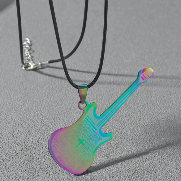 Wholesale Personality Fashion Stainless Steel And Titanium Steel Guitar Music Pendant Necklace With Geometric Pattern And Polishing Treatment Pearl Chain Style Hip Hop Jewelry