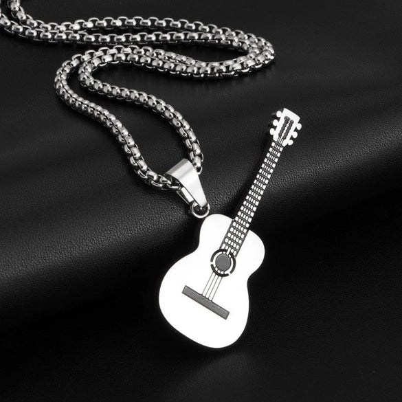Wholesale Personality Fashion Stainless Steel And Titanium Steel Guitar Music Pendant Necklace With Geometric Pattern And Polishing Treatment Pearl Chain Style Hip Hop Jewelry